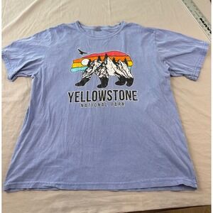 Yellowstone National Park Bear Mountain Graphic TShirt Blue Mens XL Retro Sunset